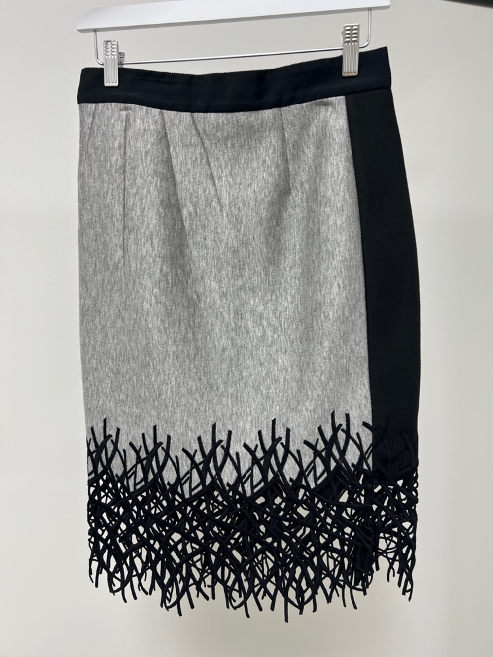 Two-Tone Gray Pencil Skirt with Black Lace-Effect Hem